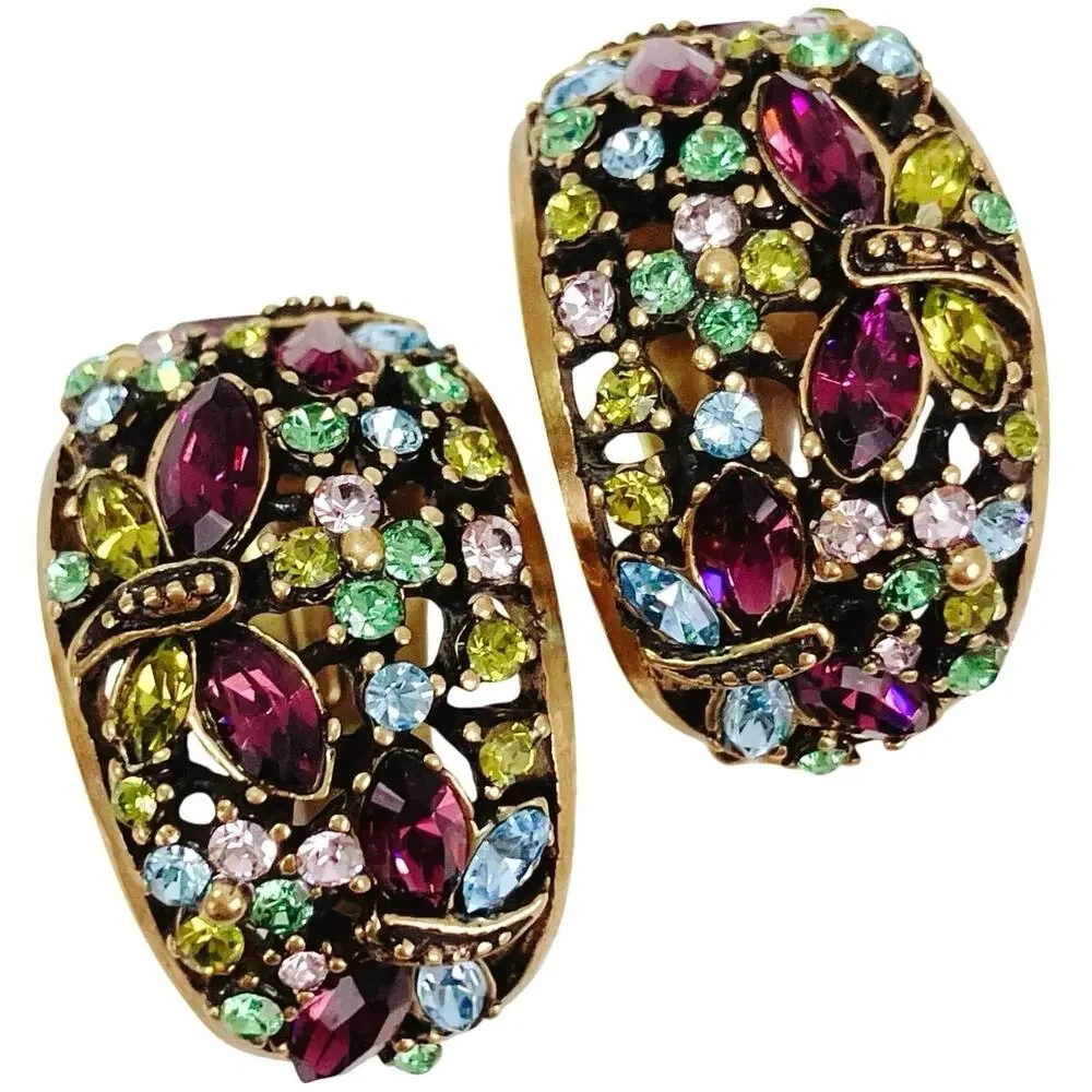 VTG Signed Heidi Daus Gold Tone Multicolor Dragonfly Clip On Earrings Elegant